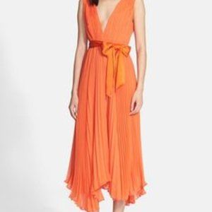 Alice + Olivia 'Kip' Pleated Stretch Silk Midi Dress with Satin Sash
